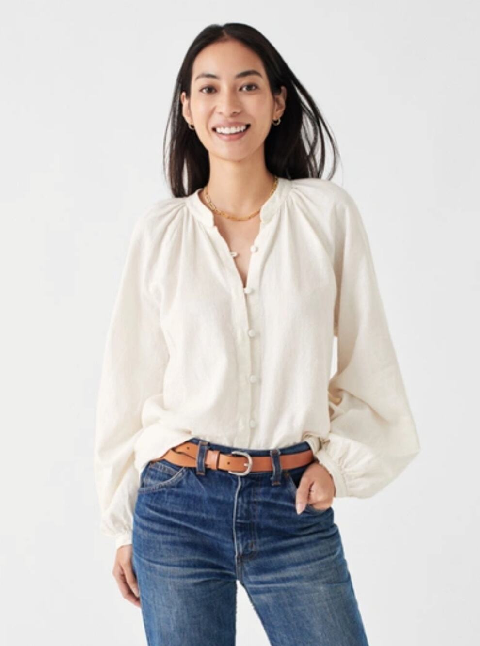 Faherty Naomi Optic White Linen Blend Top XS